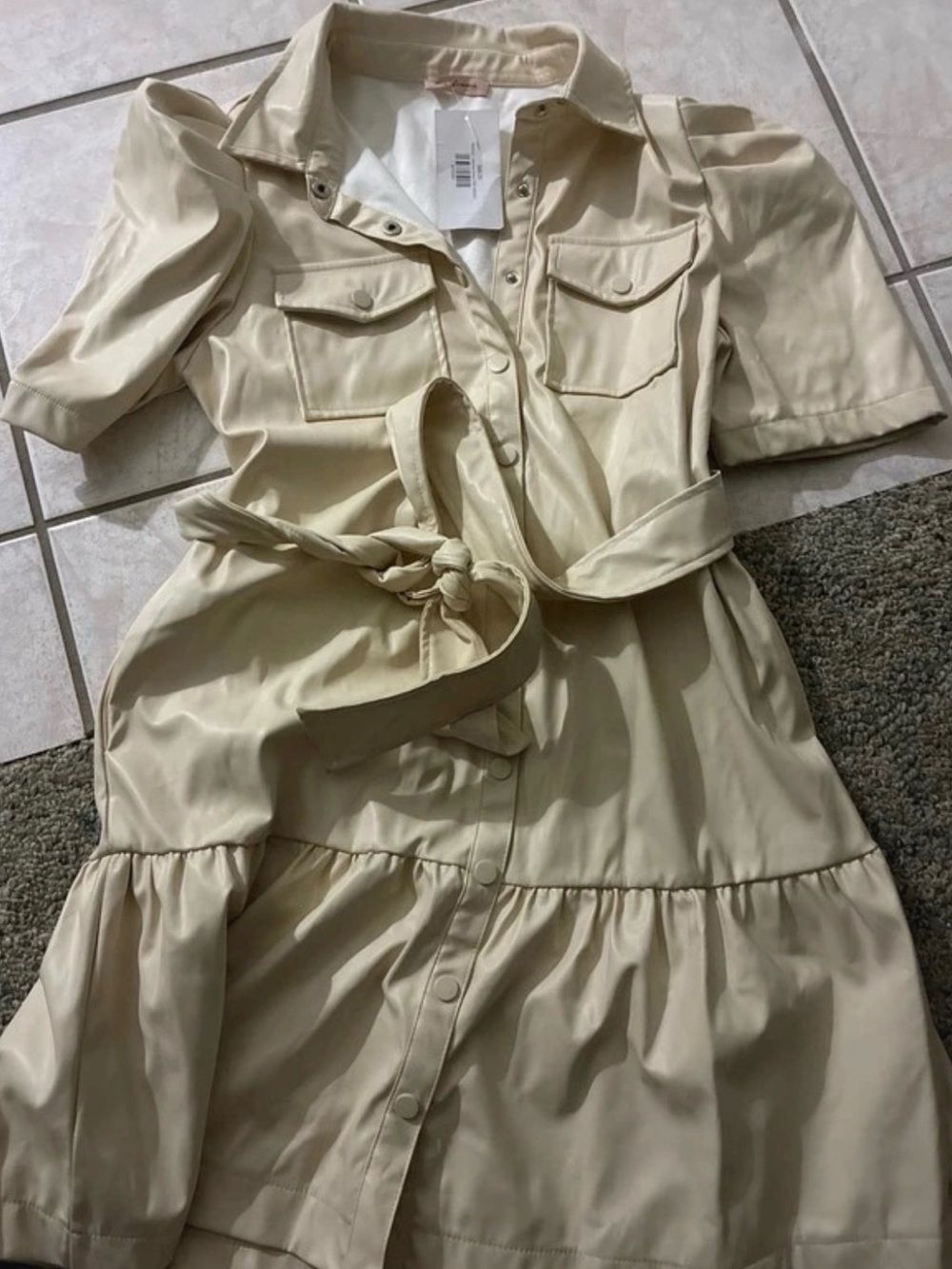 Ces Femme Cream Short-Sleeve Midi Shirtwaist Dress with Tie Belt